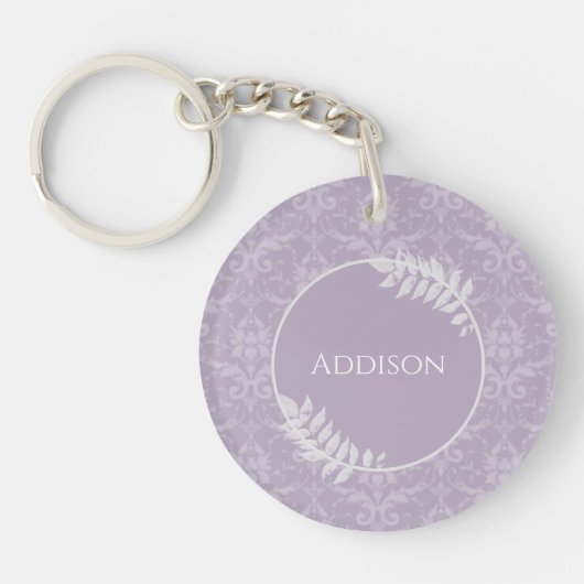 Lavender Elegant Damask gepersonaliseerde Sleutelh Sleutelhanger (Voorkant)