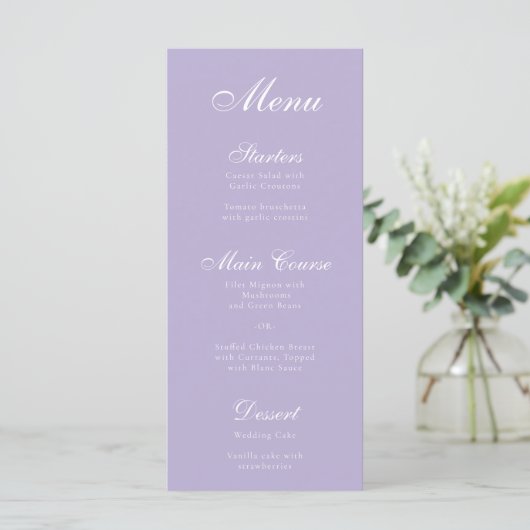 Lavender Elegant Script Calligraphy Simple Paars Menu (Staand voorkant)