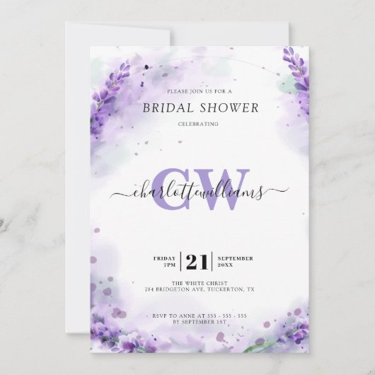 Lavender Elegant Waterverf Monogram Vrijgezellenfe Kaart (Voorkant)