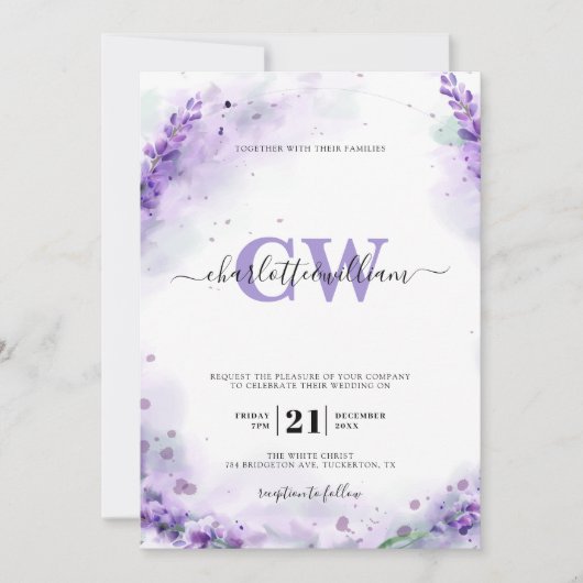 Lavender Elegant Waterverf Monogram Wedding Kaart (Voorkant)