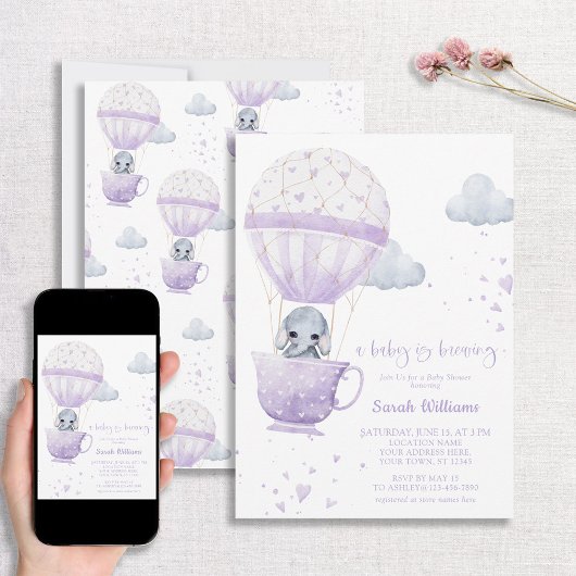 Lavender Elephant Baby is Baby shower Kaart