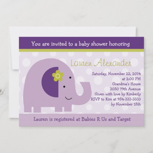 Lavender Elephant Baby shower Invitation Kaart (Voorkant)
