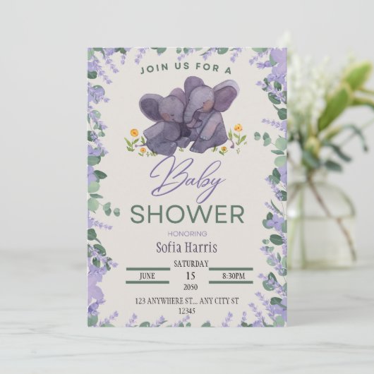 Lavender Elephant Baby shower Invitation Kaart (Staand voorkant)