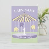 Lavender Elephant Carousel 1st Birthday Kaart (Staand voorkant)