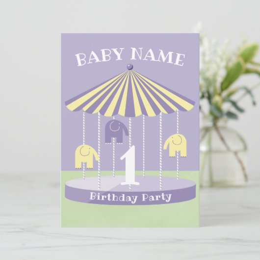 Lavender Elephant Carousel 1st Birthday Kaart (Staand voorkant)