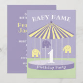 Lavender Elephant Carousel 1st Birthday Kaart (Voorkant / Achterkant)