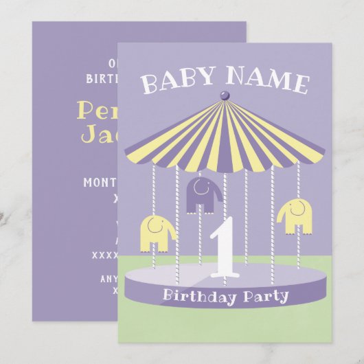 Lavender Elephant Carousel 1st Birthday Kaart (Voorkant / Achterkant)