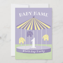 Lavender Elephant Carousel 1st Birthday Kaart