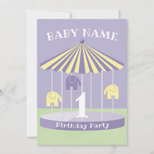 Lavender Elephant Carousel 1st Birthday Kaart