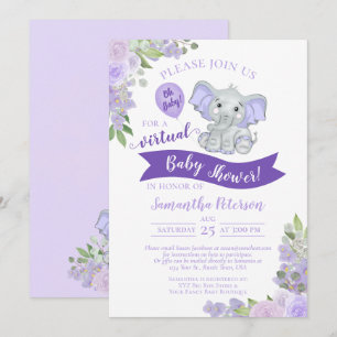Lavender Elephant & Floral Virtual Baby shower Kaart