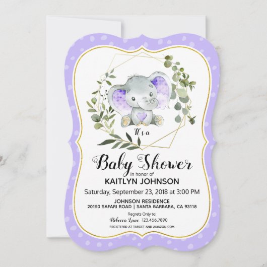 Lavender Elephant Modern Baby shower Kaart (Voorkant)