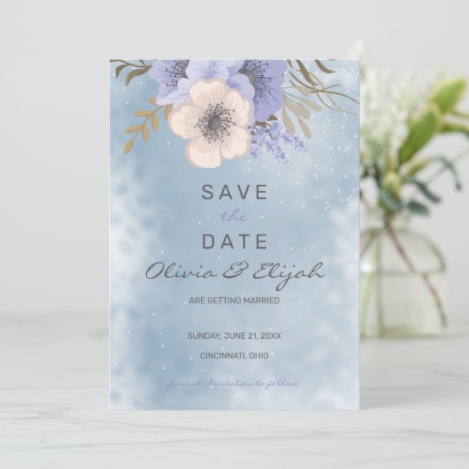 lavender en beige bloemen save the date (Staand voorkant)