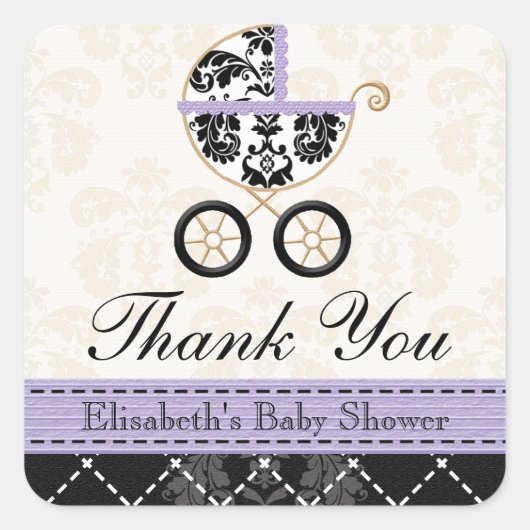 LAVENDER en Black Damask Baby Carriage Bedankt Vierkante Sticker (Voorkant)
