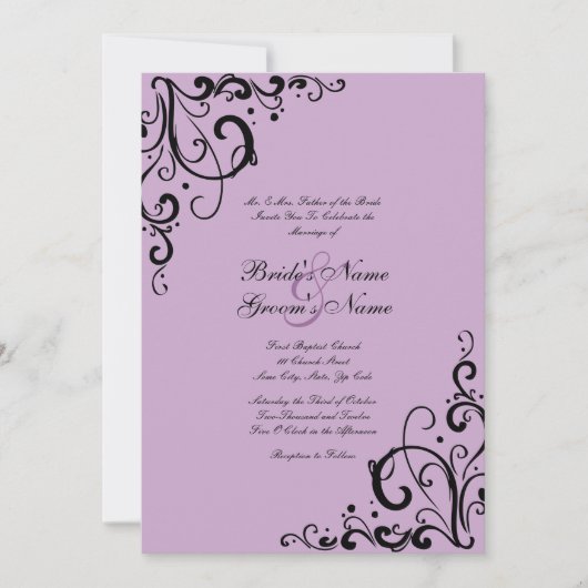 Lavender en Black Flourish Wedding Invitation Kaart (Voorkant)