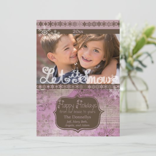 Lavender en bruine Snowflakes Fotodag Kaart (Staand voorkant)