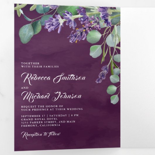 Lavender en Eucalyptus Foto Arch Paars Wedding Drieluik Uitnodiging (Binnenzijde eerst)