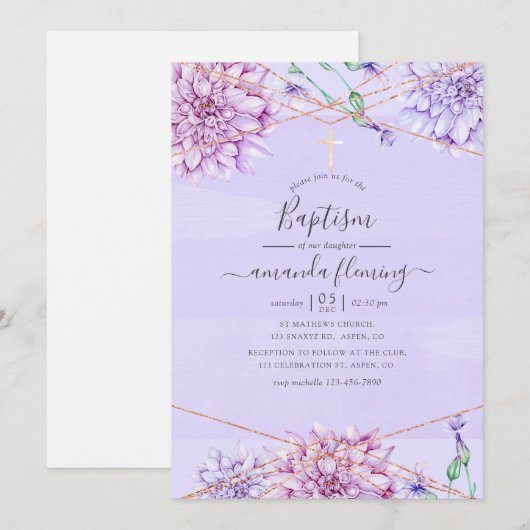 Lavender en Gold Floral Geometric Baptisme Kaart (Voorkant / Achterkant)