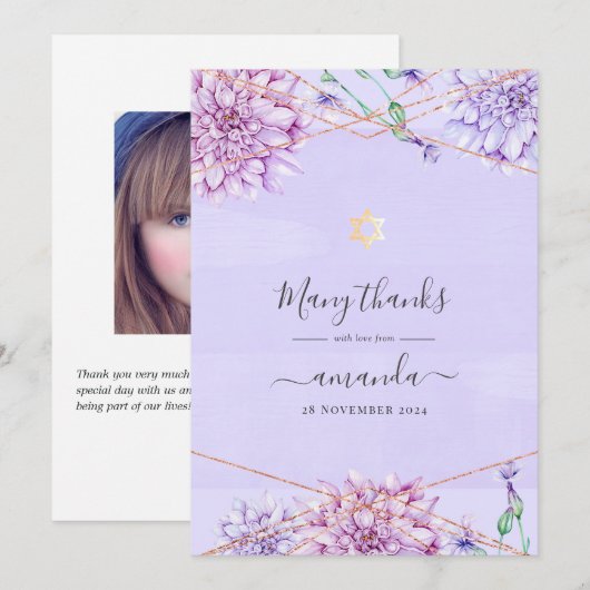 Lavender en Gold Floral Geometric Bat Mitzvah Bedankkaart (Voorkant / Achterkant)