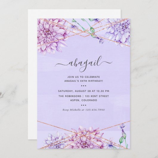 Lavender en Gold Floral Geometric Birthday Kaart (Voorkant / Achterkant)