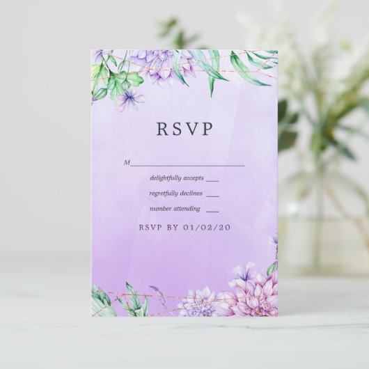 Lavender en Gold Floral Geometric Wedding RSVP Kaartje (Staand voorkant)