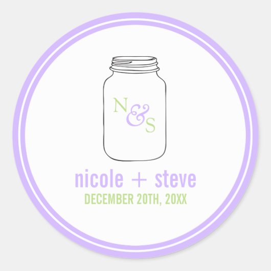 Lavender en Green Mason Jar Monogrammed Wedding Ronde Sticker (Voorkant)