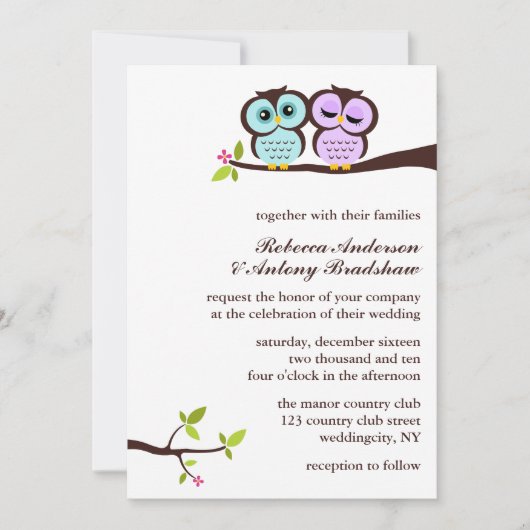 Lavender en Mint Owls Wedding Kaart (Voorkant)