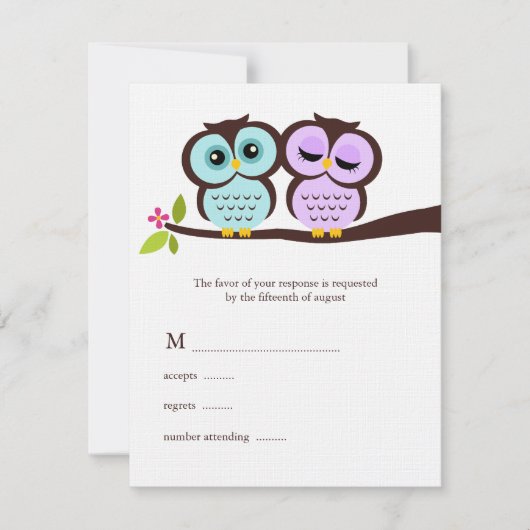 Lavender en Mint Owls Wedding RSVP Kaartje (Voorkant)