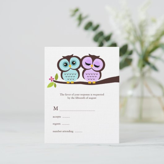 Lavender en Mint Owls Wedding RSVP Kaartje (Staand voorkant)