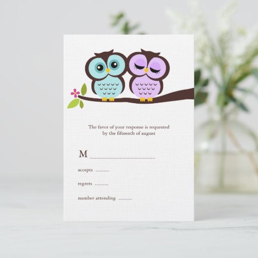 Lavender en Mint Owls Wedding RSVP Kaartje (Staand voorkant)
