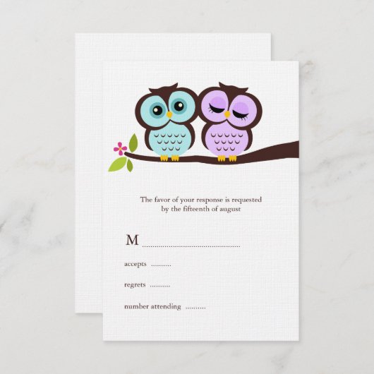 Lavender en Mint Owls Wedding RSVP Kaartje (Voorkant / Achterkant)