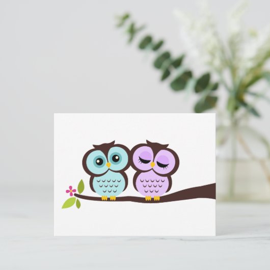 Lavender en Mint Owls Wedding Uitnodiging Briefkaart (Staand voorkant)