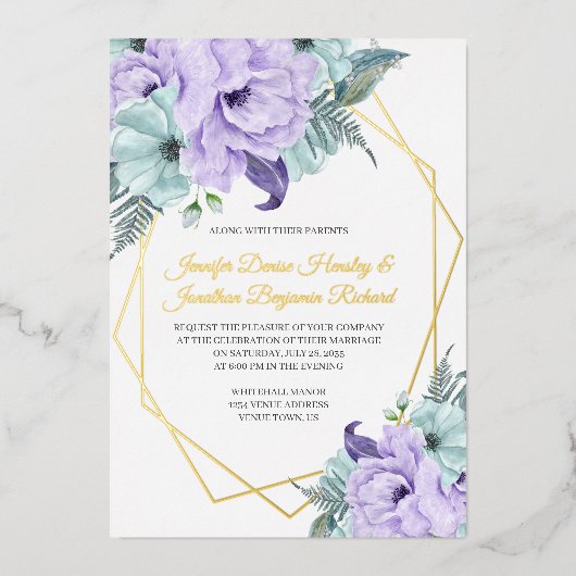 Lavender en Mint Peonies Wedding Folie Uitnodiging (Voorkant)