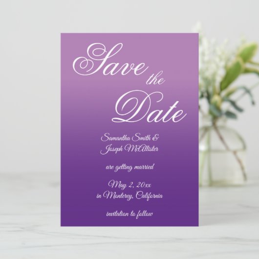 Lavender en Royal Paarse Ombre Save The Date (Staand voorkant)