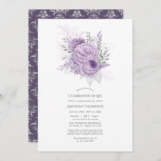 Lavender en Silver Floral Celebration of Life Kaart (Voorkant / Achterkant)