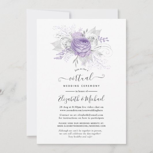 Lavender en Silver Floral Virtual Wedding Kaart (Voorkant)