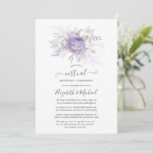 Lavender en Silver Floral Virtual Wedding Kaart (Staand voorkant)