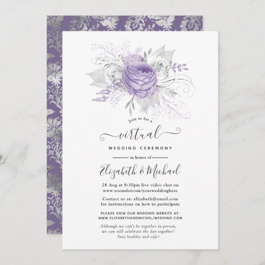 Lavender en Silver Floral Virtual Wedding Kaart (Voorkant / Achterkant)