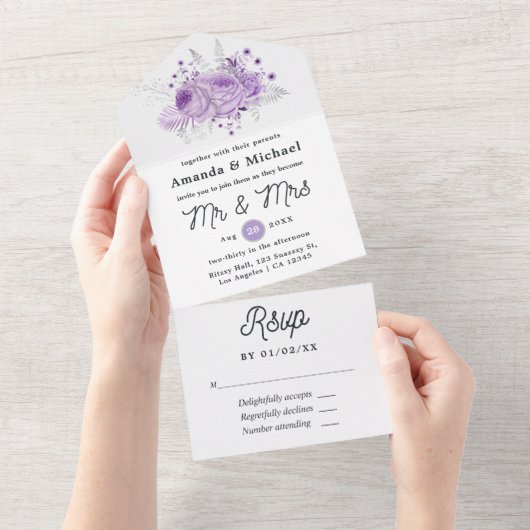 Lavender en Silver Floral Wedding All In One Uitnodiging (Afscheurbaar)