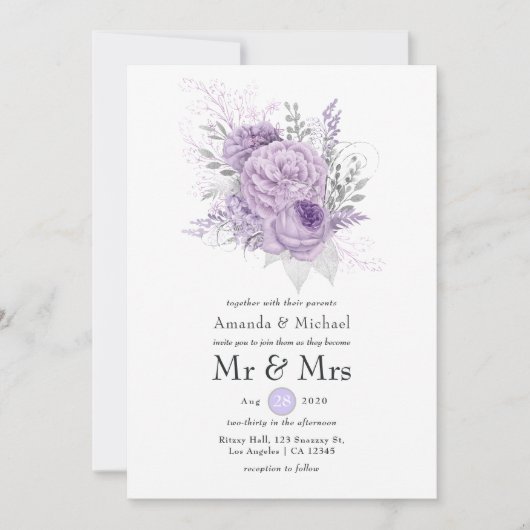 Lavender en Silver Floral Wedding Kaart (Voorkant)