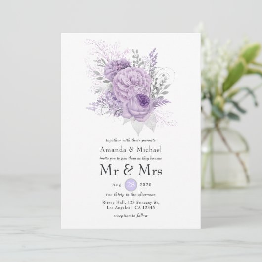 Lavender en Silver Floral Wedding Kaart (Staand voorkant)