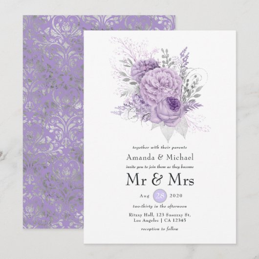 Lavender en Silver Floral Wedding Kaart (Voorkant / Achterkant)