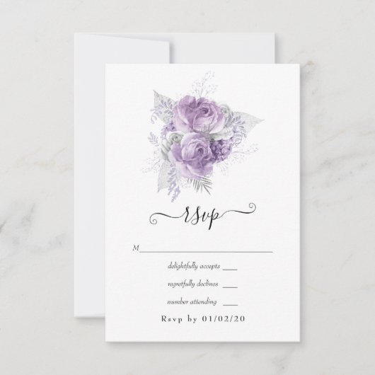 Lavender en Silver Floral Wedding RSVP Kaartje (Voorkant)