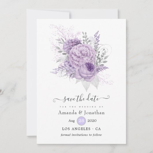 Lavender en Silver Floral Wedding Save The Date (Voorkant)