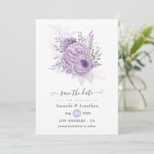 Lavender en Silver Floral Wedding Save The Date (Staand voorkant)