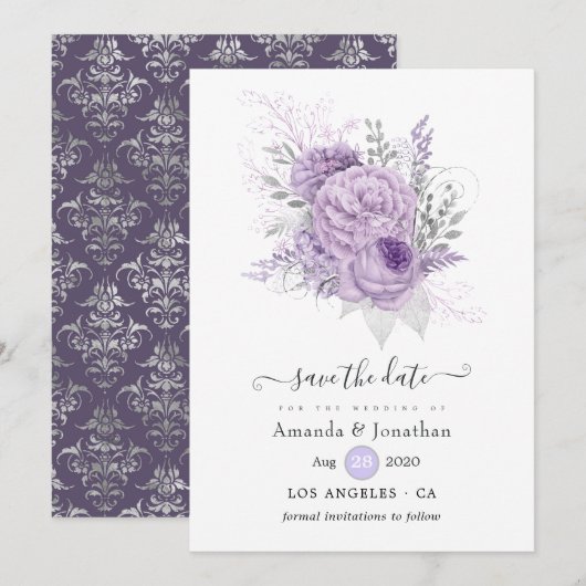 Lavender en Silver Floral Wedding Save The Date (Voorkant / Achterkant)