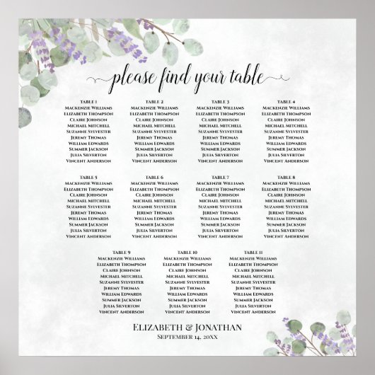 Lavender Eucalyptus 11 Tafel Wedding Seating Chart Poster (Voorkant)