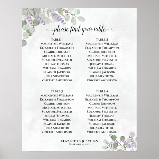 Lavender Eucalyptus 4 Table Wedding Seating Chart Poster (Voorkant)