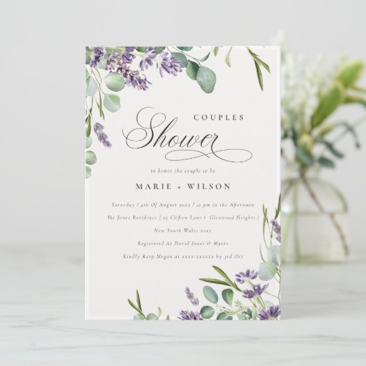 Lavender Eucalyptus Bunch Couples Shower Invite Bedankkaart (Staand voorkant)
