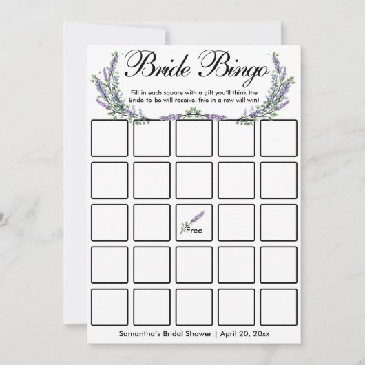 Lavender eucalyptus elegant Bridal bingo game card Kaart (Voorkant)