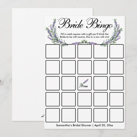 Lavender eucalyptus elegant Bridal bingo game card Kaart (Voorkant / Achterkant)